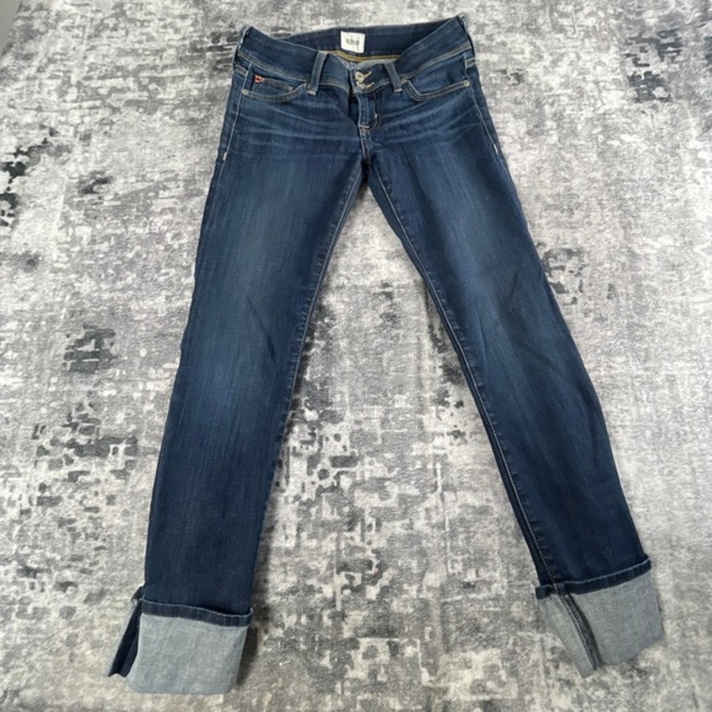 Hudson Womens 25 Ginny Crop Straight Jeans Solid Blue Cuffed Flap Pocket Denim‎